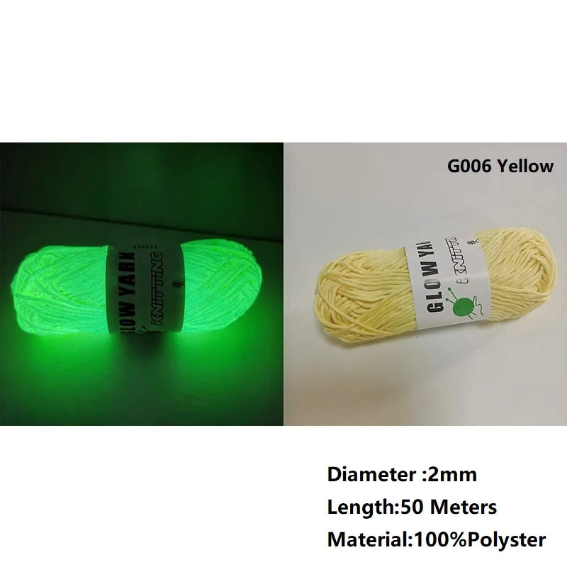 Yellow glow-in-the-dark polyester yarn for knitting and crochet, 2mm diameter, 50 meters long.