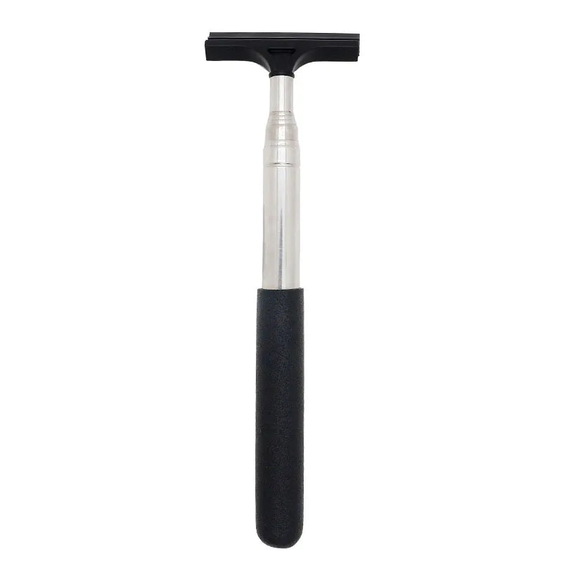 A black retractable car mirror and window cleaning wiper with a silver handle.
