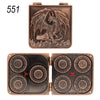A bronze metal dice set featuring a dragon design and seven numbered dice.