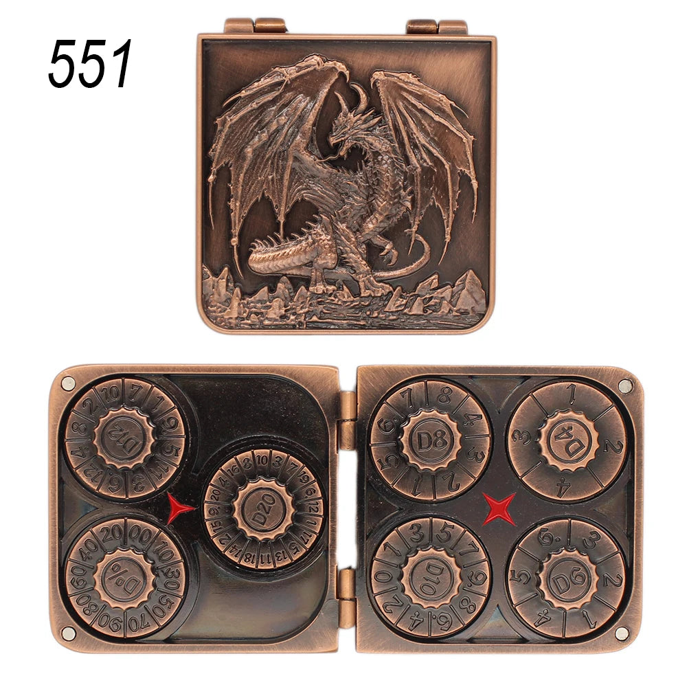 A bronze metal dice set featuring a dragon design and seven numbered dice.