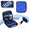 A blue zippered storage pouch and an open case showing a set of interchangeable circular knitting needles.