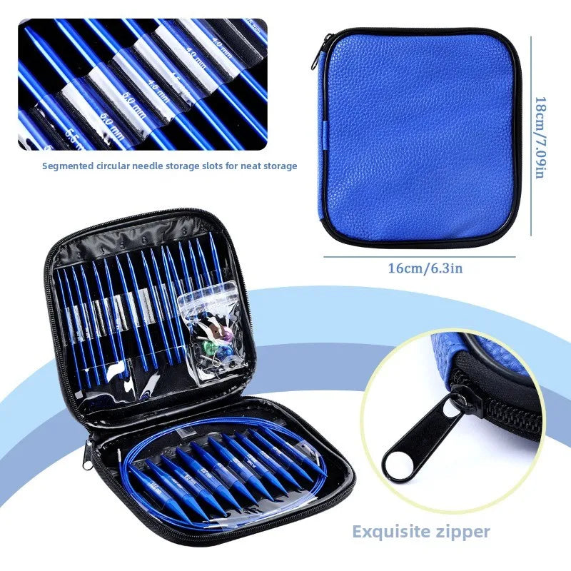 A blue zippered storage pouch and an open case showing a set of interchangeable circular knitting needles.