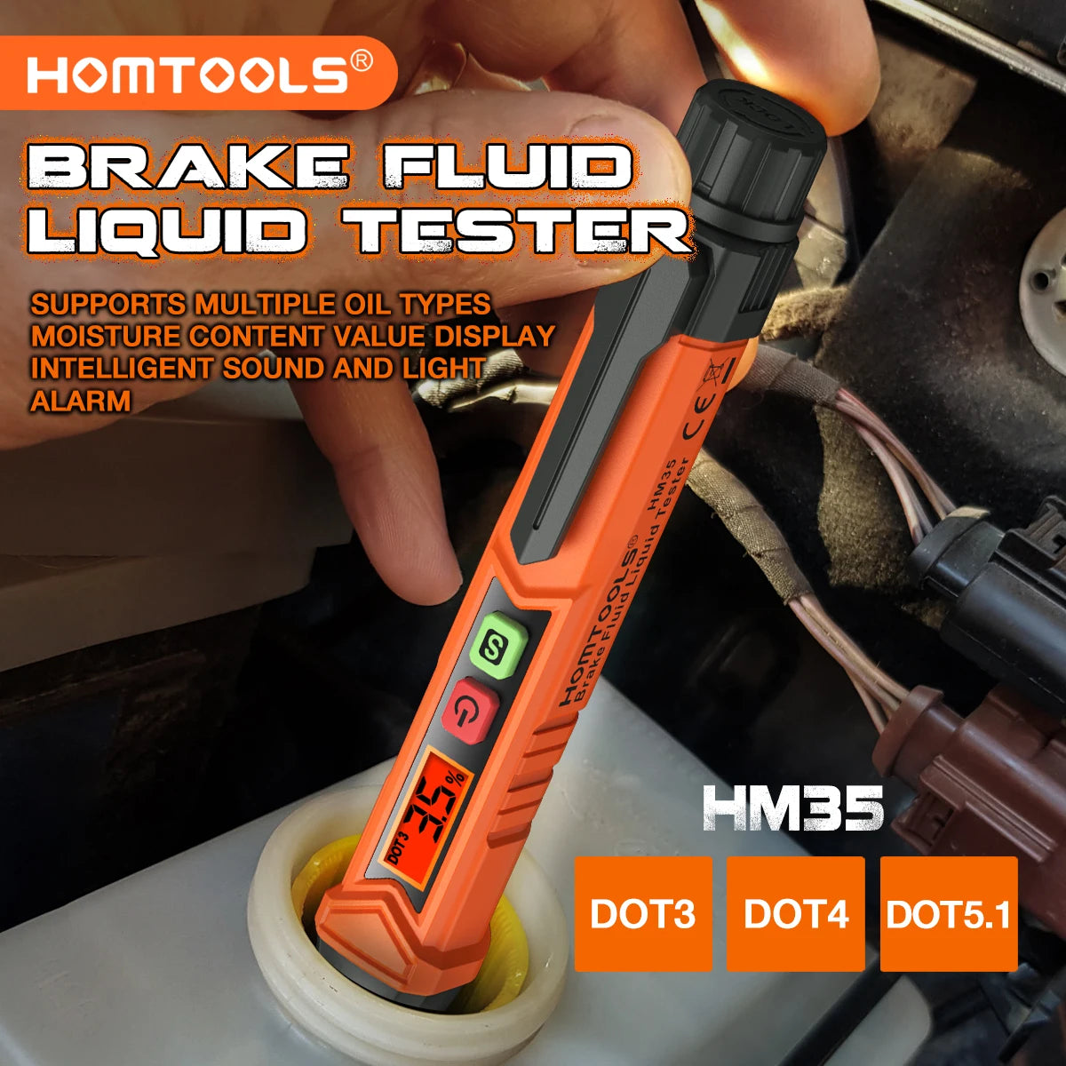 An orange brake fluid liquid tester is shown being used in a car engine bay.
