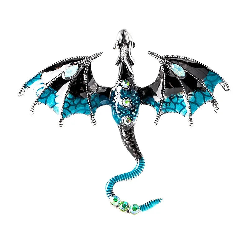An enamel dragon brooch featuring black and turquoise scales with rhinestone accents.