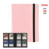 A pink card binder album with a black spine, showing an open view of the interior and a sample of the card slots.