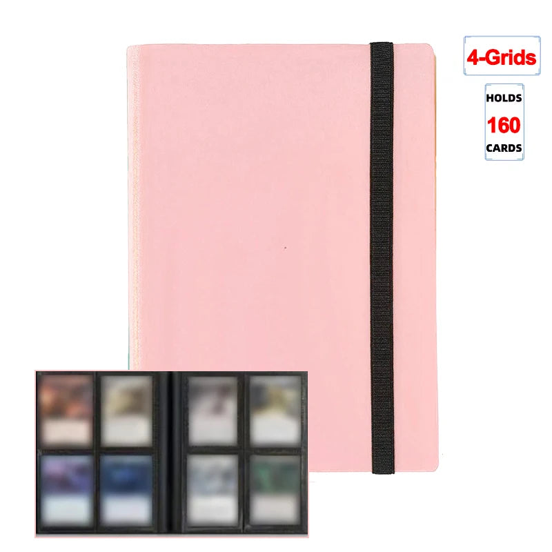 A pink card binder album with a black spine, showing an open view of the interior and a sample of the card slots.