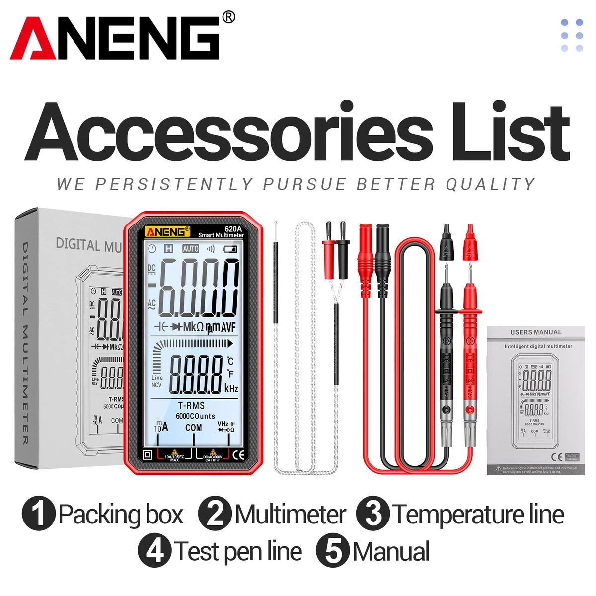 Aneng digital multimeter accessories list showing a multimeter, test pen line, and manual.