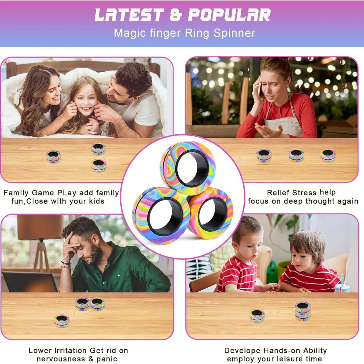 A set of colorful magnetic finger rings used as a magic finger ring spinner for stress relief and focus.