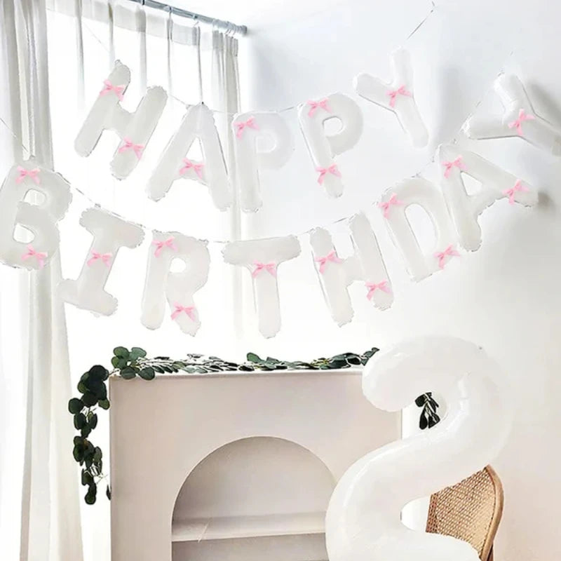 White Happy Birthday Banner with Pink Bow Balloons