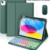 A green multi-angle keyboard case for an iPad, shown with a separate keyboard and pen included.