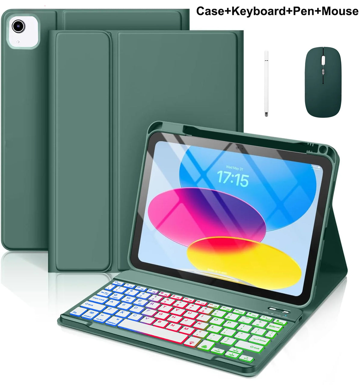 A green multi-angle keyboard case for an iPad, shown with a separate keyboard and pen included.