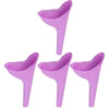 A set of three purple portable urinals for travel and outdoor use.