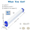 A white LED light bar with a blue magnetic end, charging cord, and adhesive iron sheets shown next to the product.