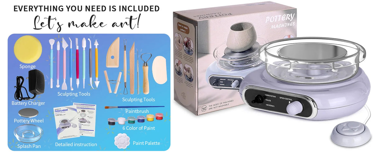 A box and components for a mini pottery wheel kit including tools, paint, and accessories.