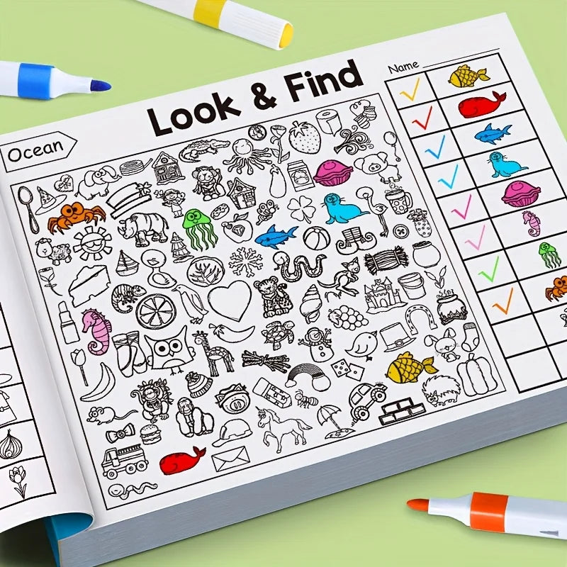 A page from a children's Look & Find book filled with line drawings of various objects for children to find.