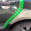 A green magnetic dry grinding protective strip is shown attached to the side of a car body.