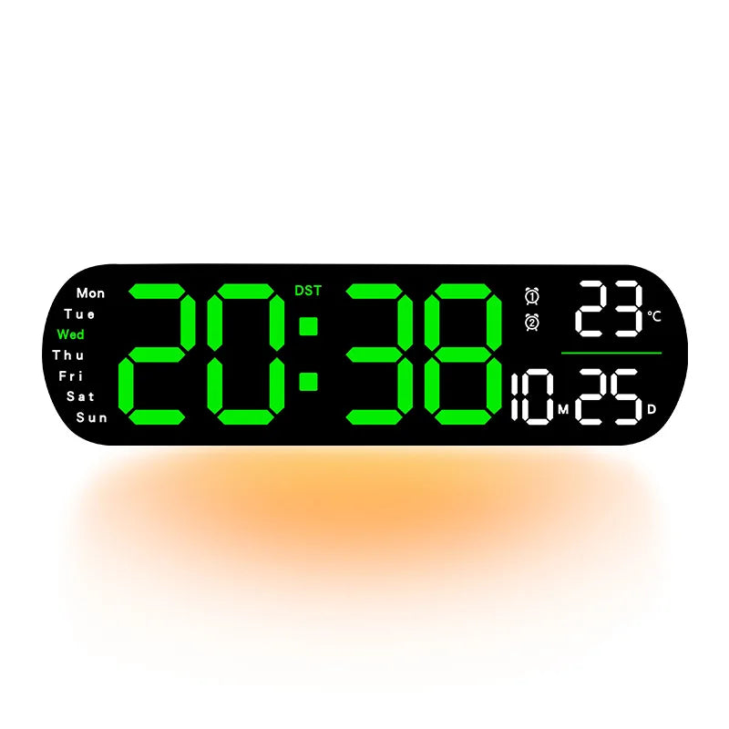 A black digital wall clock displaying the time 20:38, date, and temperature, with an orange glow.