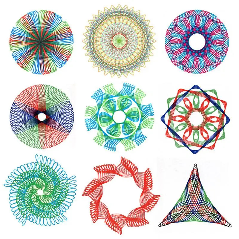 A collection of 22 intricate spiral art drawings created using a Spirograph kit.