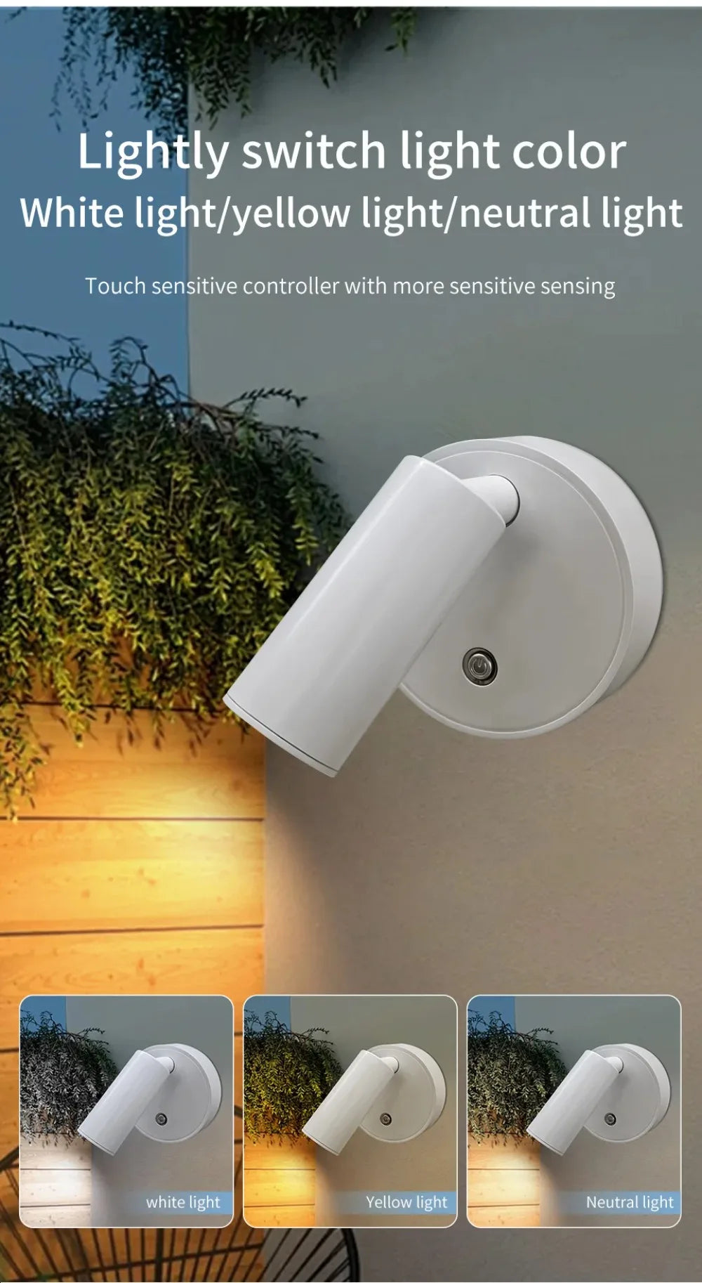 A white LED wall light fixture with a touch sensitive controller shown mounted on a wall.