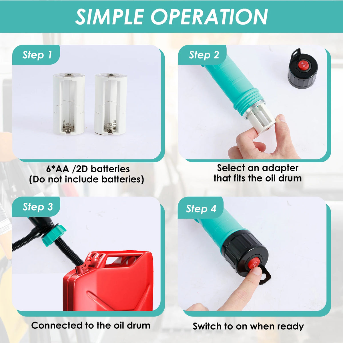 A four-step guide showing how to operate a portable battery-powered fuel transfer pump, including battery insertion and conne