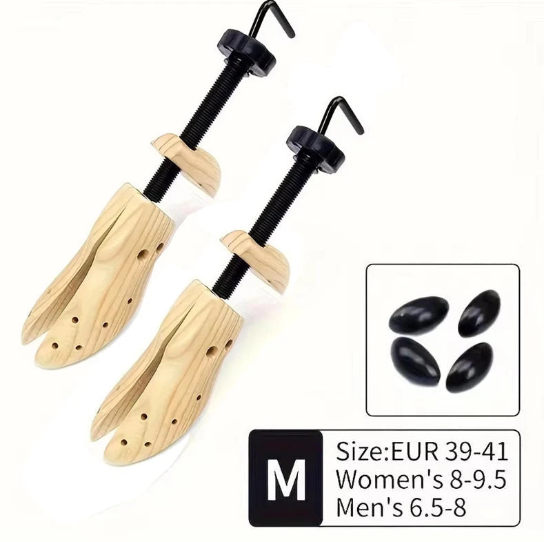 Pair of adjustable wooden shoe stretchers with black handles for men and women