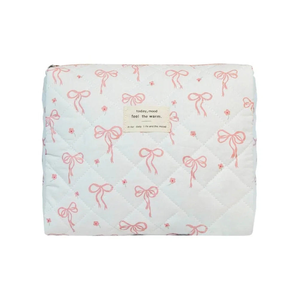 Pink Bow Plaid Quilted Cosmetic Bag with Multiple Compartments