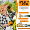 A woman is using a 3/4 GHT 150PSI garden hose with universal connectors for watering plants.