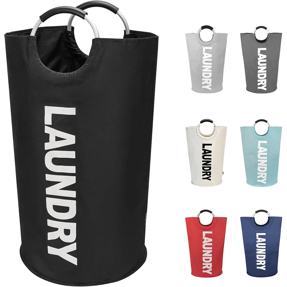 Black collapsible laundry basket with multiple sized handles and various color options