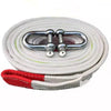 A roll of heavy duty tow rope with reflective stripes and silver metal clasps.