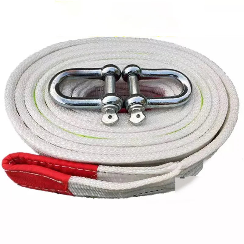 A roll of heavy duty tow rope with reflective stripes and silver metal clasps.