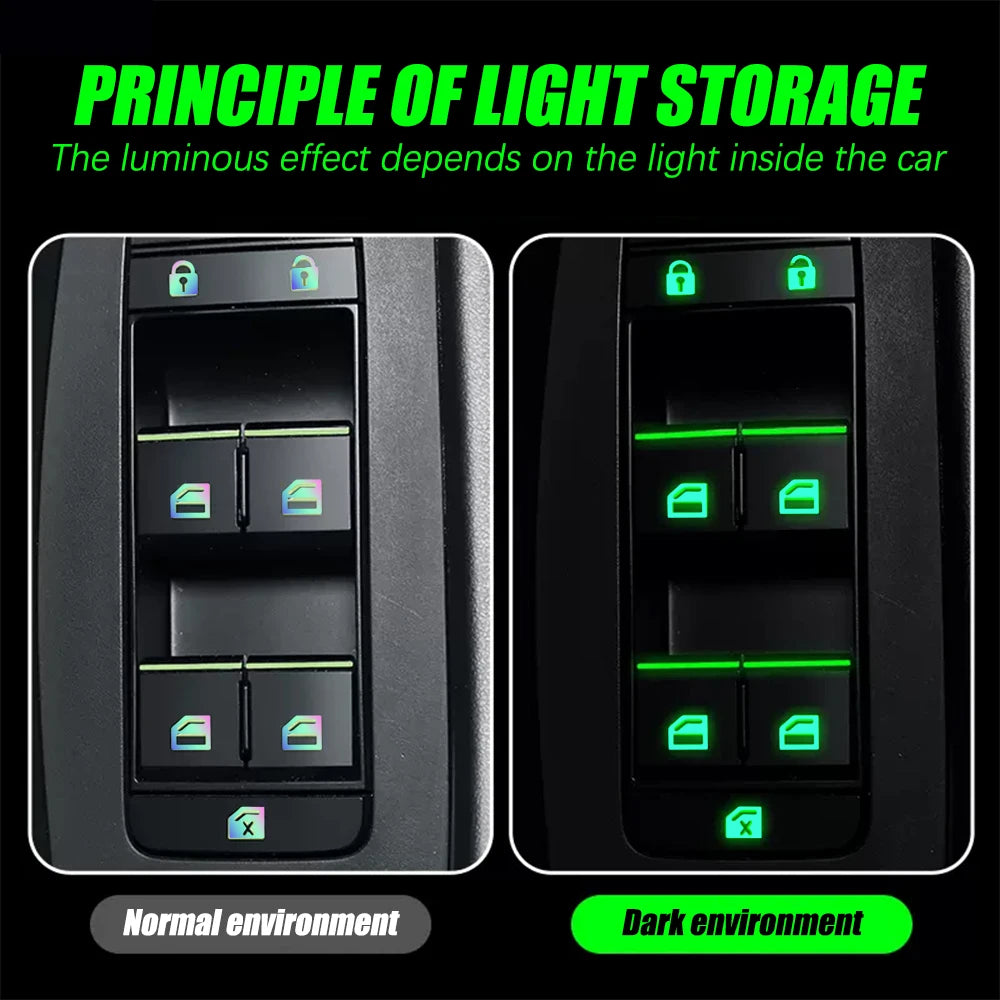 Comparison of a car window switch in normal and dark environments showing the luminous effect.