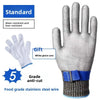 A pair of silver stainless steel cut-resistant safety gloves shown next to a white glove for comparison.