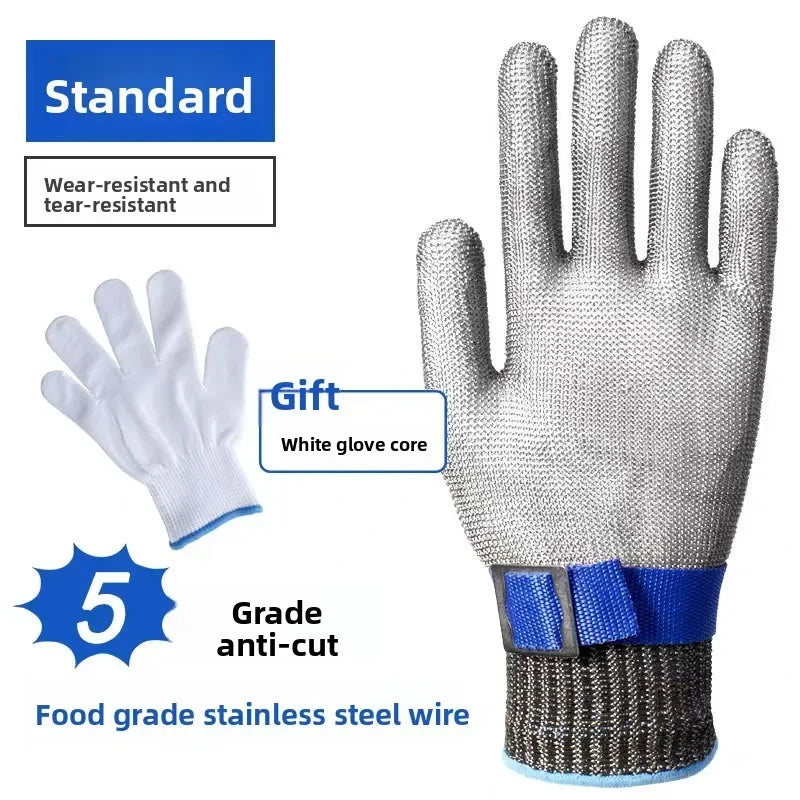 A pair of silver stainless steel cut-resistant safety gloves shown next to a white glove for comparison.
