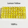 A bulk pack of 100 lemon yellow acrylic D6 dice, round-edged, for games and crafts.