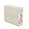 A rectangular beige bedding storage box with a clear window on the front.