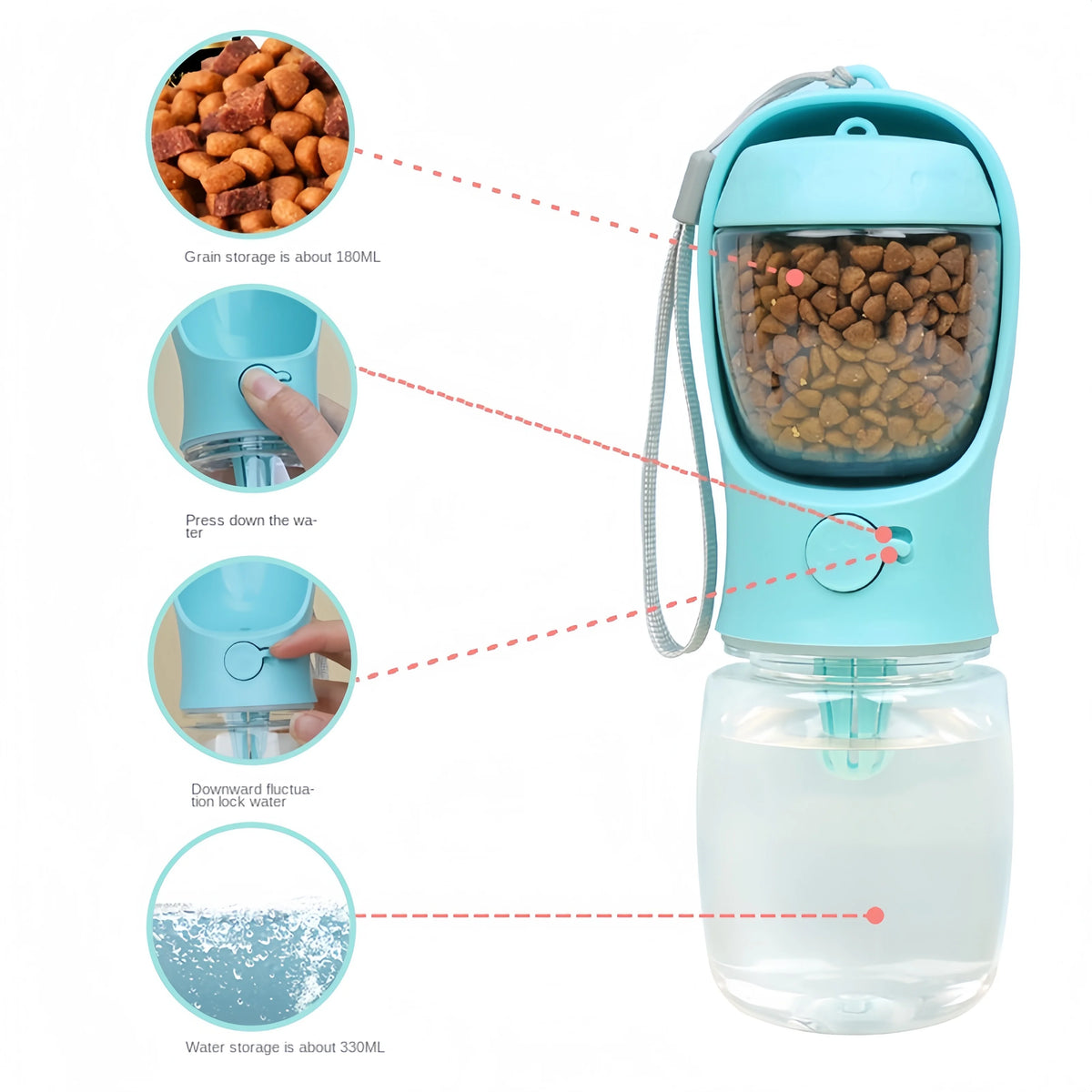 A light blue portable pet water bottle with a food storage compartment and a water storage section.