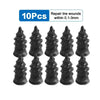 A set of ten black tire repair nails, measuring between 0.1 and 3mm.