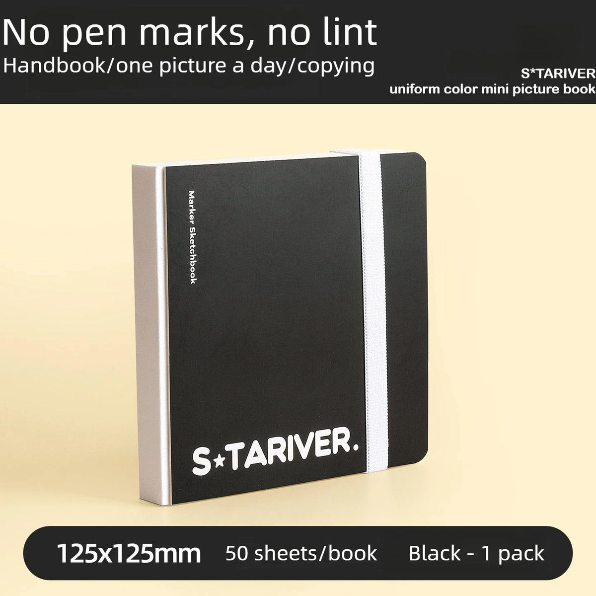 A black sketchbook titled S*TARIVER with a white stripe, shown against a light background.