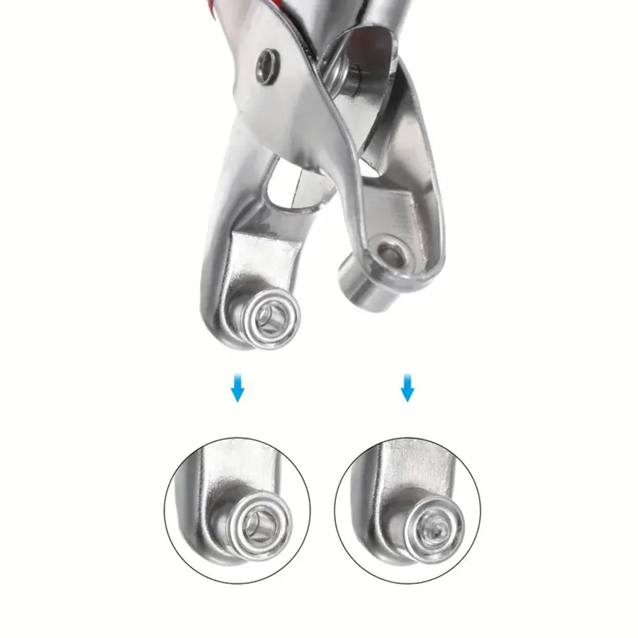 A close-up view of a heavy-duty grommet eyelet punch plier kit with metal eyelets.