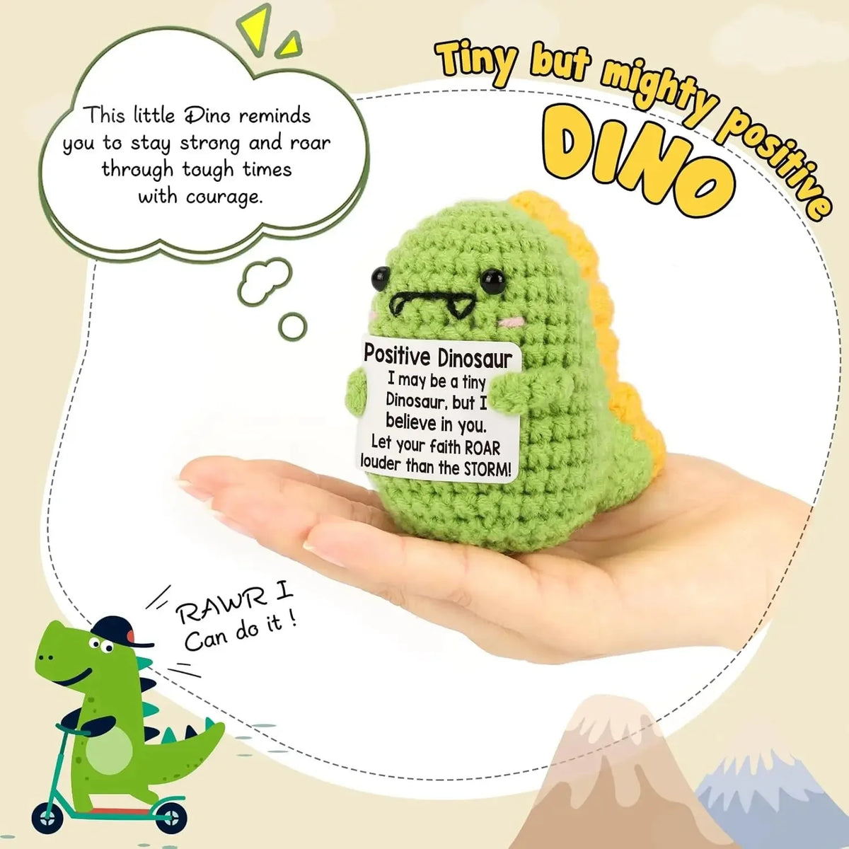 A hand holds a green crochet dinosaur plush toy with yellow accents, illustrating positive encouragement.