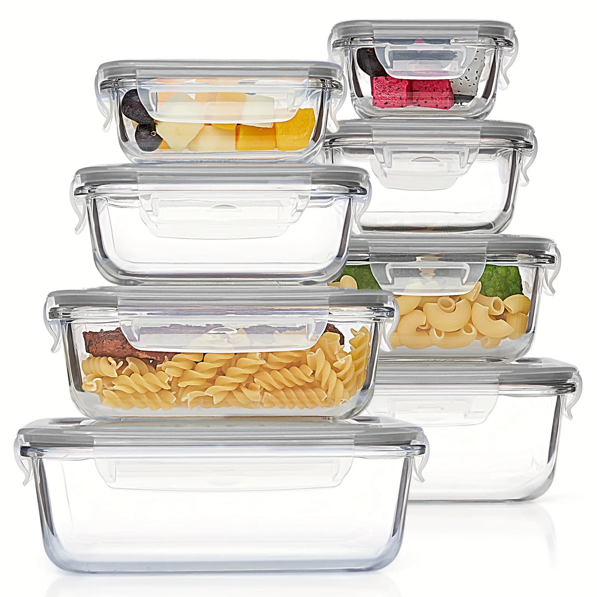 A stack of eight clear borosilicate glass food storage containers with various food items inside.