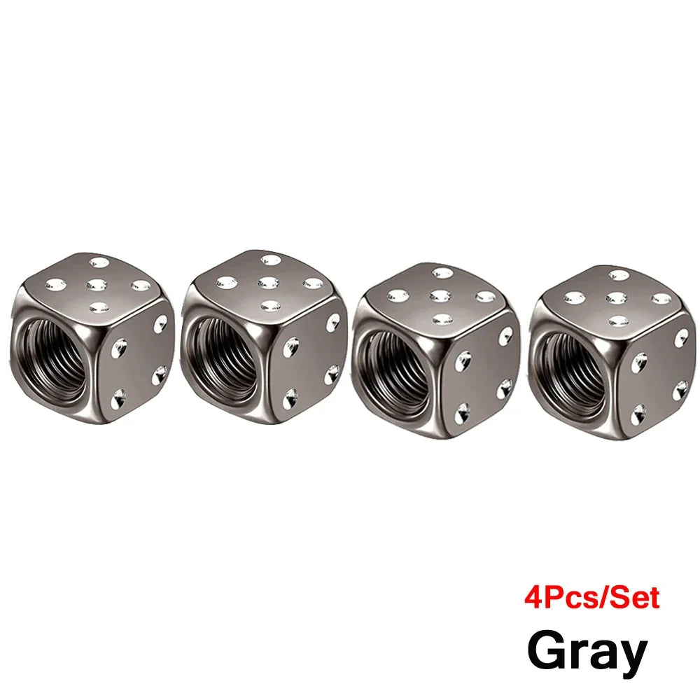 Set of four gray aluminum alloy dice design tire valve caps