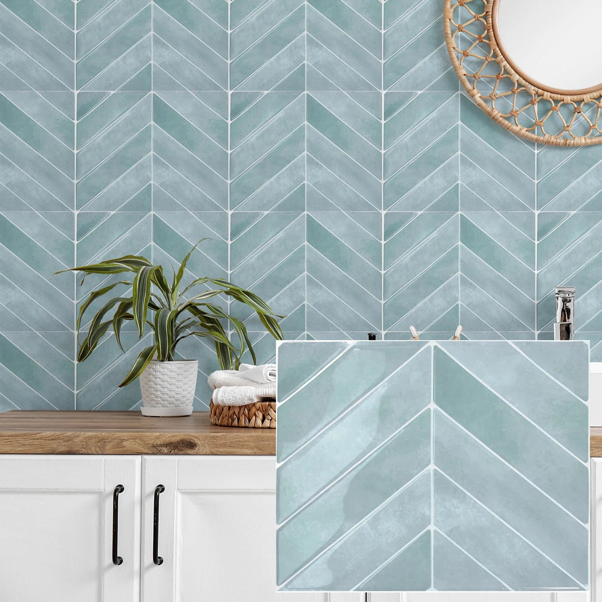 A bathroom wall featuring light blue diagonal tile pattern and a wooden vanity top.