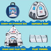 A set of three play tents including a carry-on storage bag, a capsule tent, a space ship play tent, and a play tunnel.