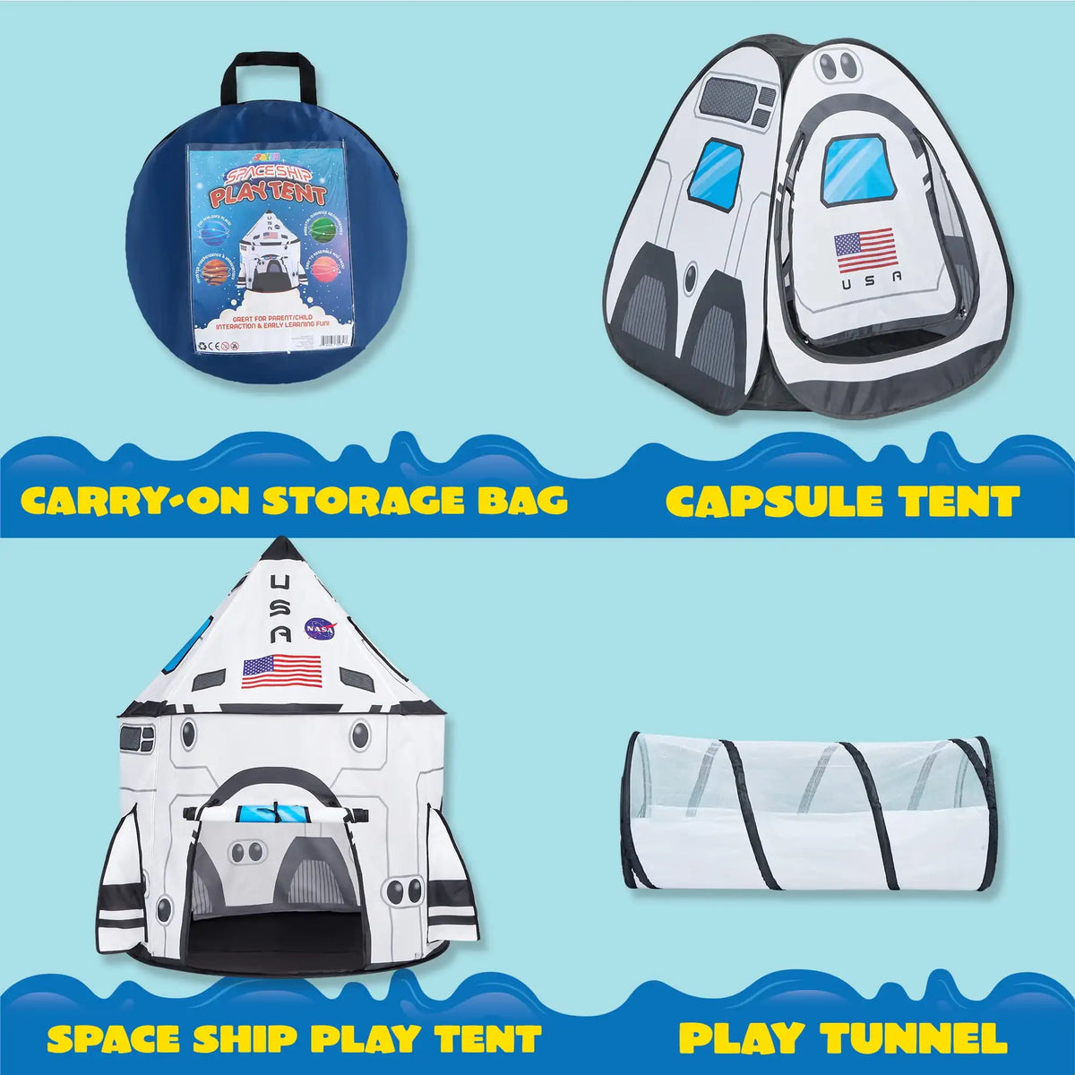A set of three play tents including a carry-on storage bag, a capsule tent, a space ship play tent, and a play tunnel.