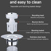 A diagram showing the detachable parts of a pop-up drain filter including a bounding head, bounce device, blocking basket, an