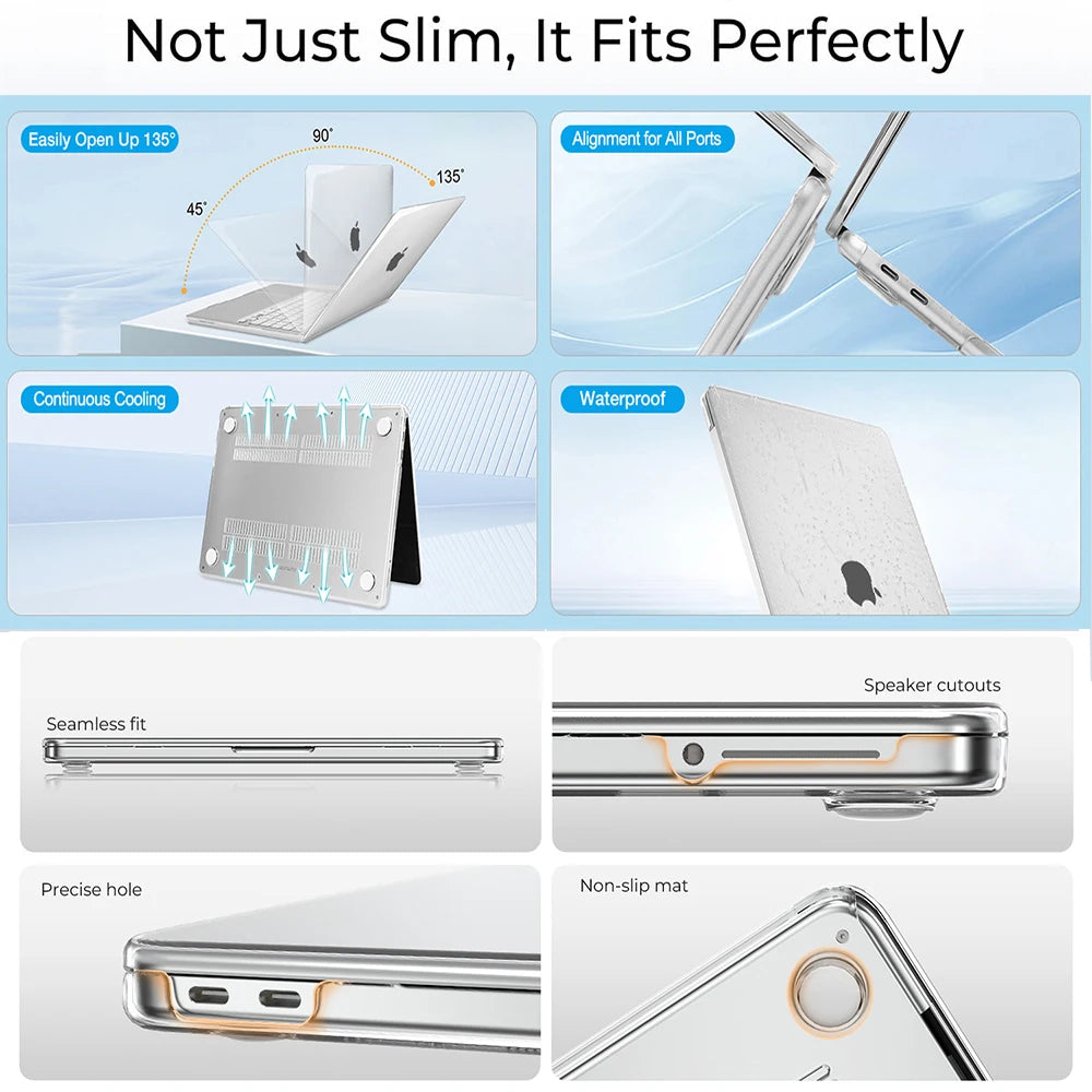 A durable hard shell case for a MacBook, showing various features like easy opening, alignment for ports, continuous cooling,