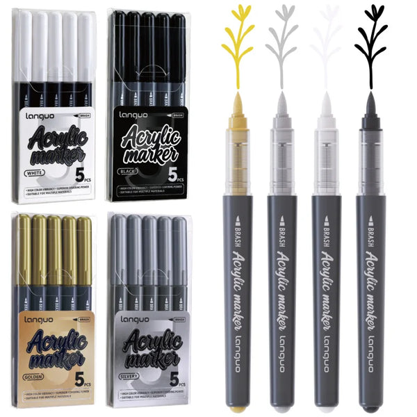 A collection of Languo acrylic markers in various colors and tips, including white, black, gold, and silver.