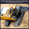 A yellow YIGONG tracked excavator model is shown on sand, demonstrating a thickened track design.