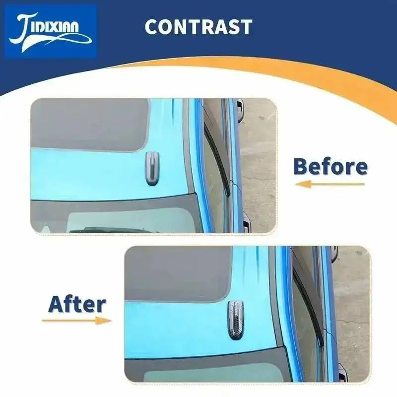 Before and after comparison showing the contrast of a chrome-style car antenna cover trim on a vehicle.